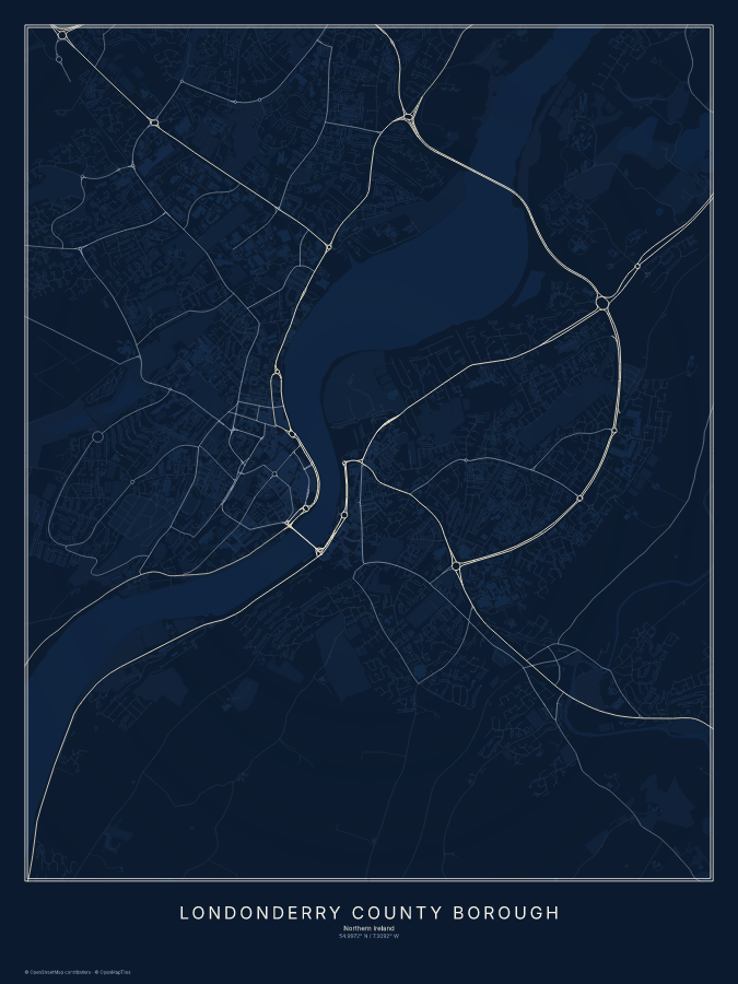 Londonderry County Borough map poster, midnight style