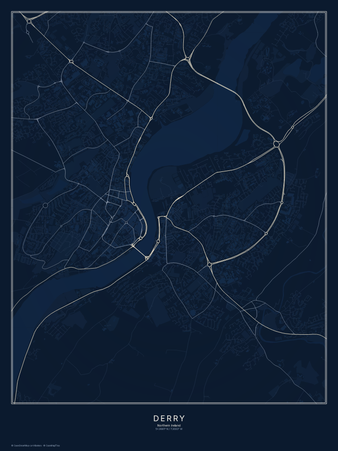 Derry map poster, midnight style
