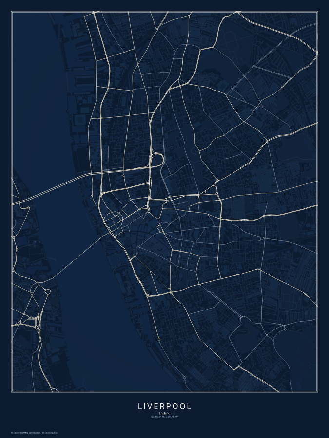 Liverpool map poster, midnight style