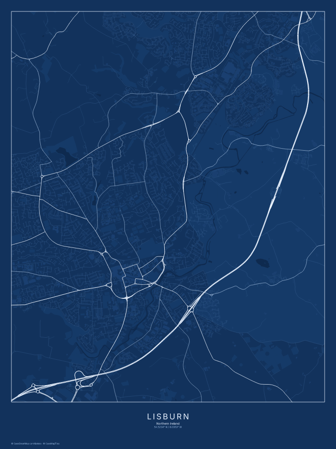 Lisburn map poster, blueprint style