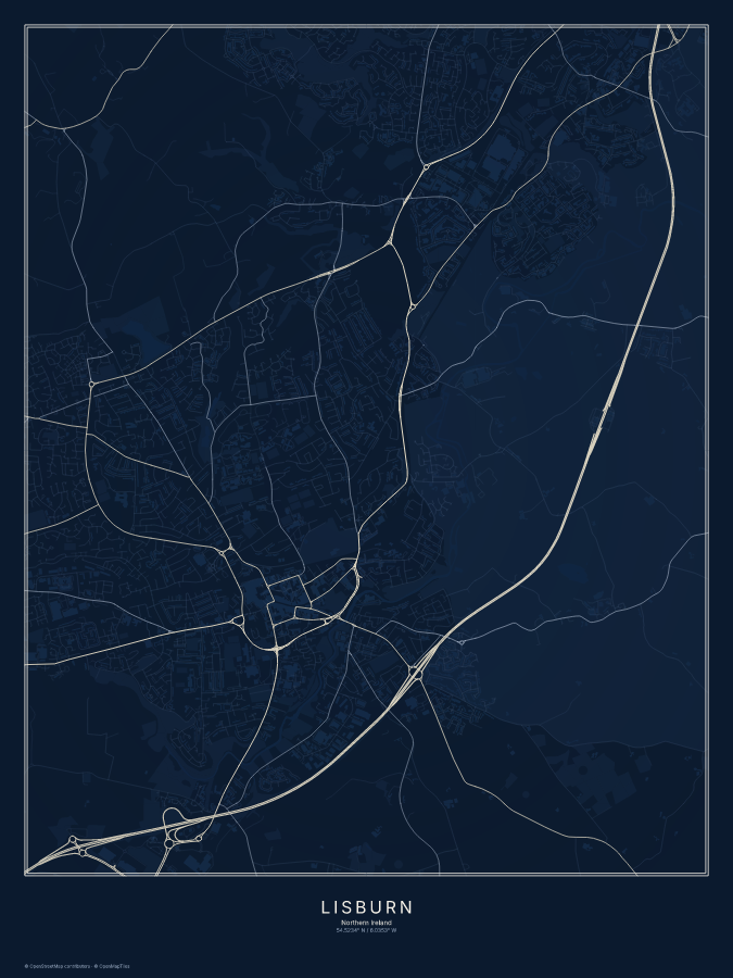 Lisburn map poster, midnight style