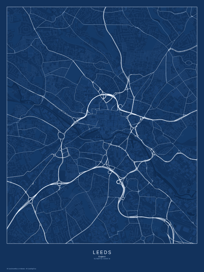 Leeds map poster, blueprint style