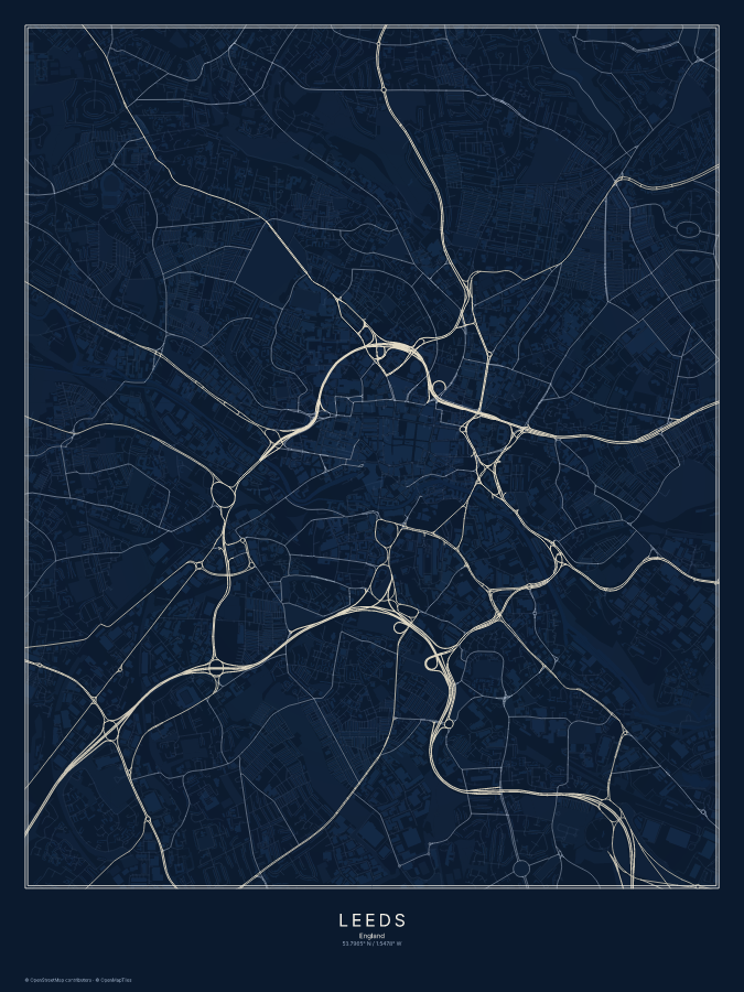 Leeds map poster, midnight style