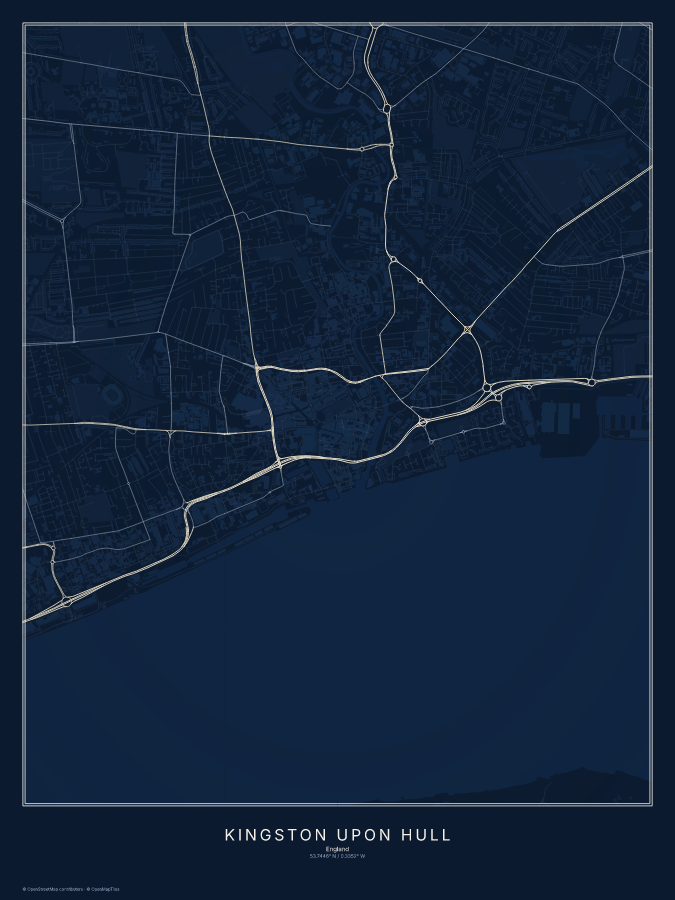 Kingston upon Hull map poster, midnight style