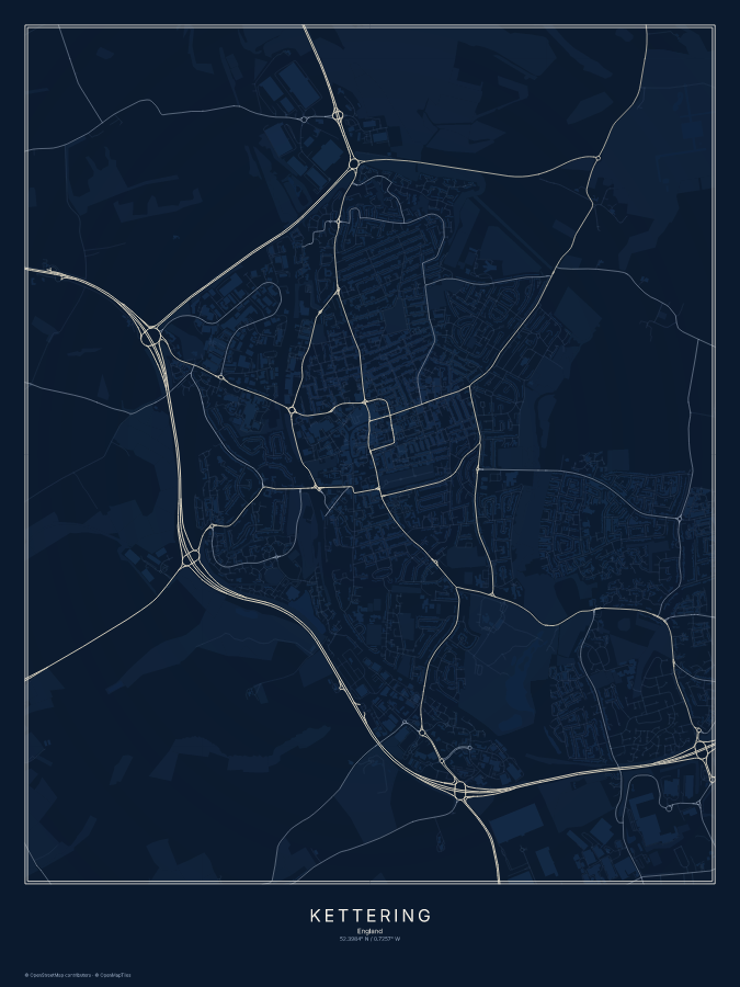 Kettering map poster, midnight style