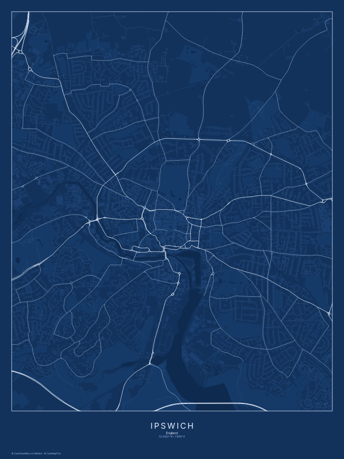 Ipswich map poster, blueprint style