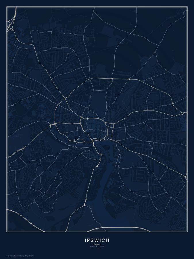Ipswich map poster, midnight style