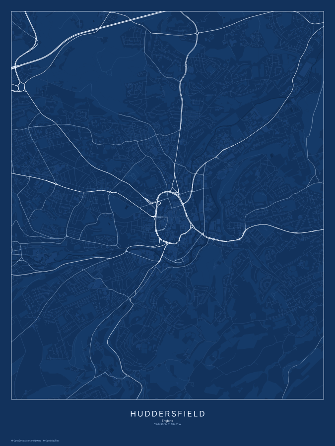 Huddersfield map poster, blueprint style