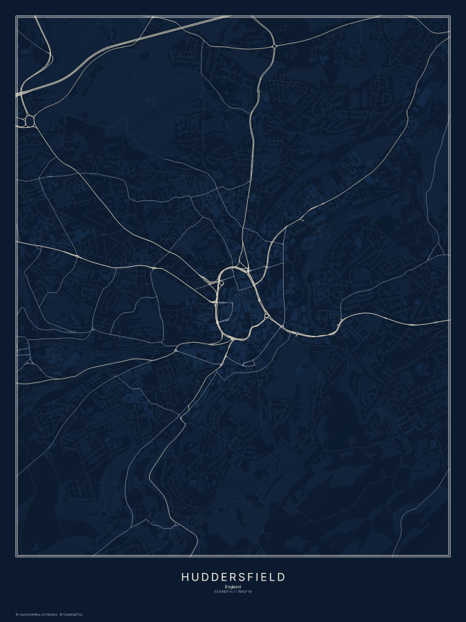 Huddersfield map poster, midnight style