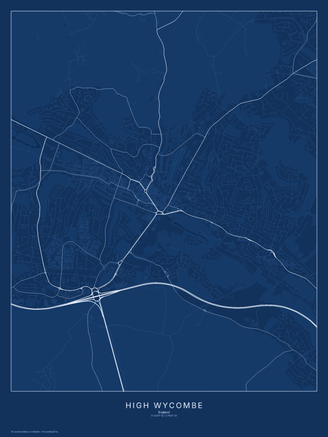 High Wycombe map poster, blueprint style