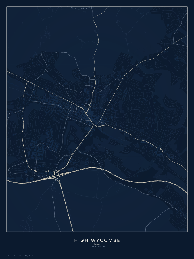 High Wycombe map poster, midnight style