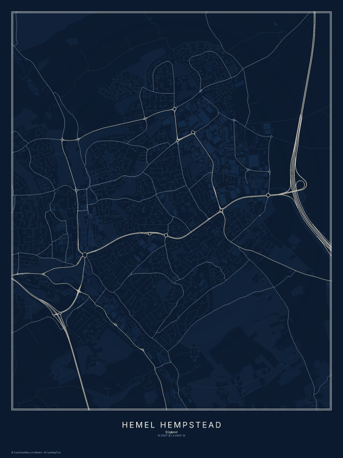 Hemel Hempstead map poster, midnight style