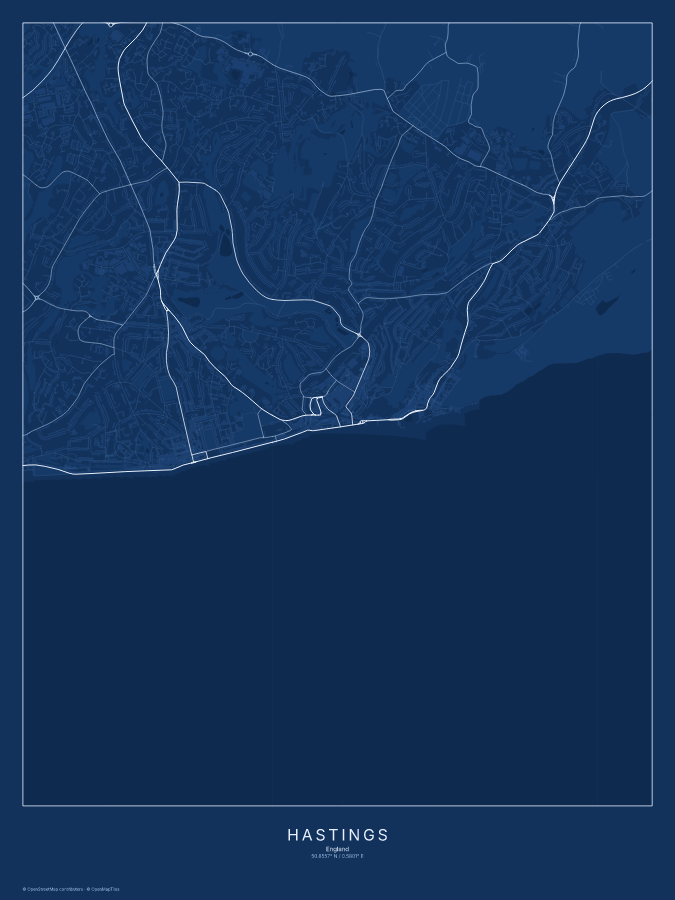 Hastings map poster, blueprint style