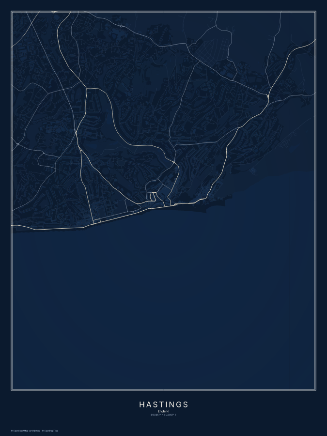 Hastings map poster, midnight style