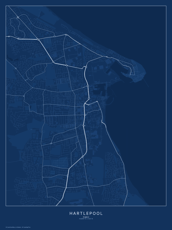 Hartlepool map poster, blueprint style