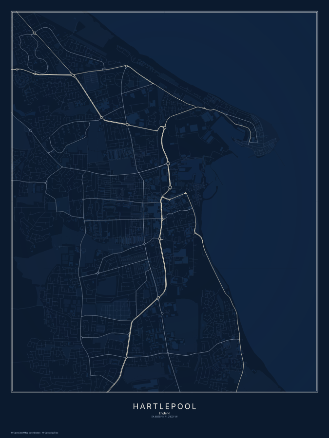 Hartlepool map poster, midnight style