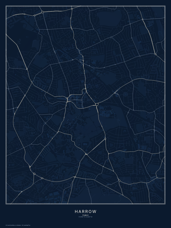Harrow map poster, midnight style
