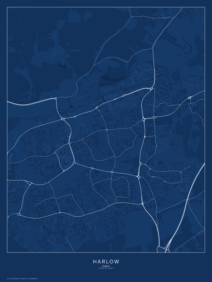 Harlow map poster, blueprint style