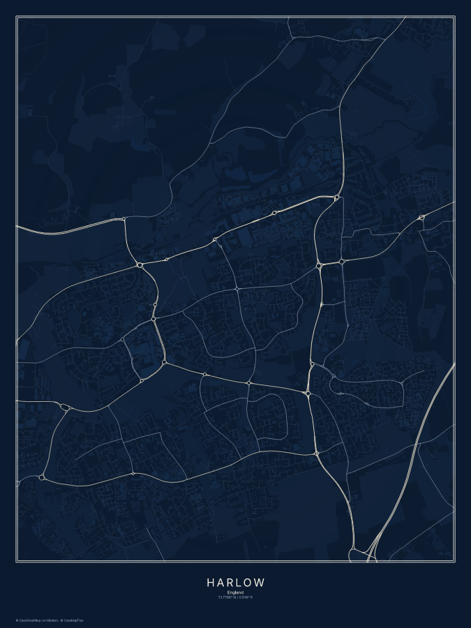 Harlow map poster, midnight style
