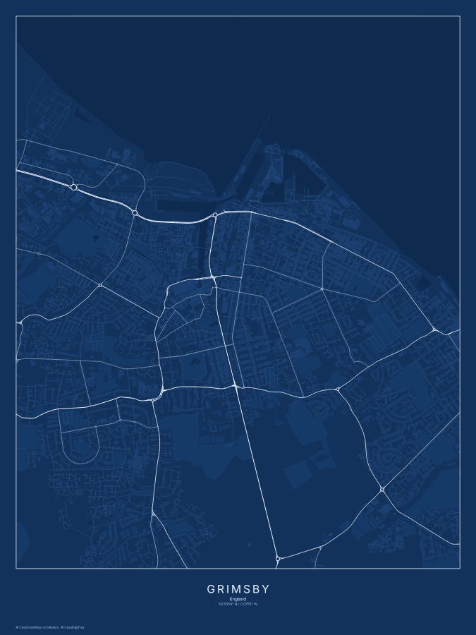Grimsby map poster, blueprint style