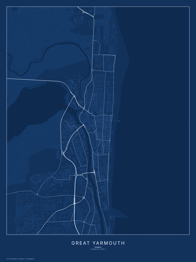 Great Yarmouth map poster, blueprint style