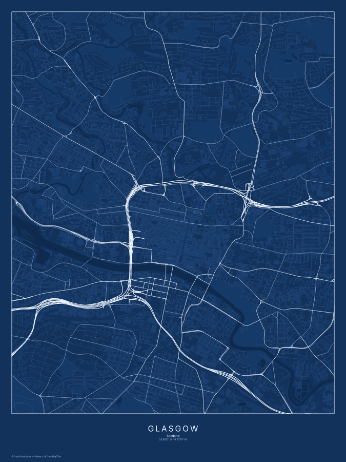 Glasgow map poster, blueprint style