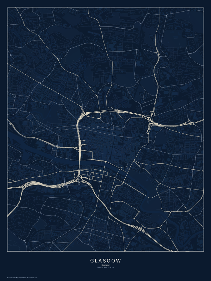 Glasgow map poster, midnight style