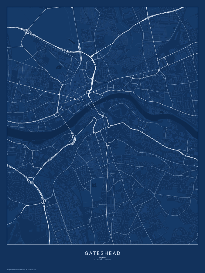 Gateshead map poster, blueprint style