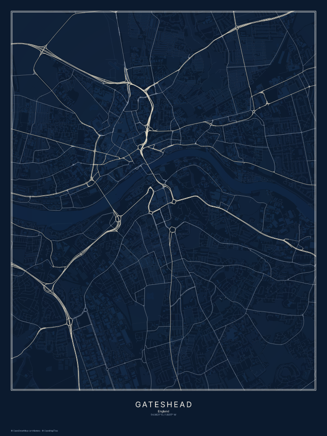 Gateshead map poster, midnight style