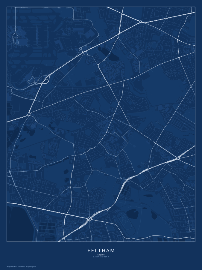 Feltham map poster, blueprint style