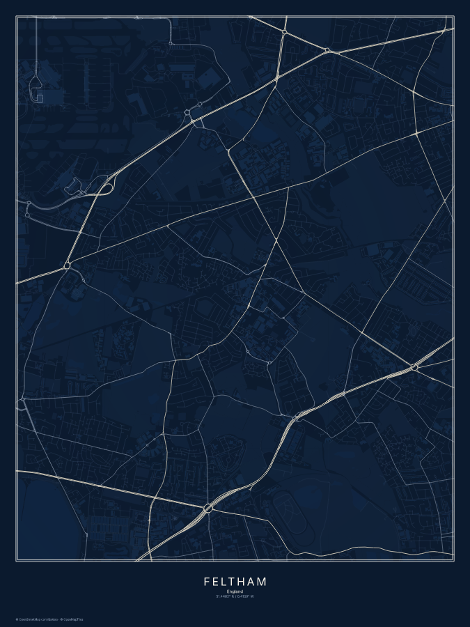 Feltham map poster, midnight style