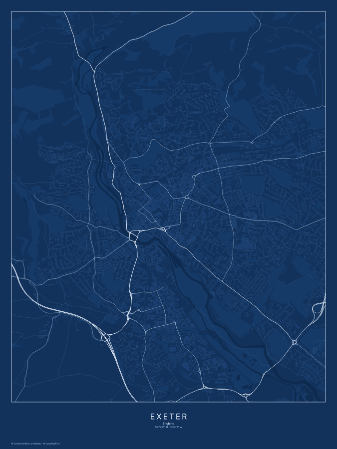 Exeter map poster, blueprint style