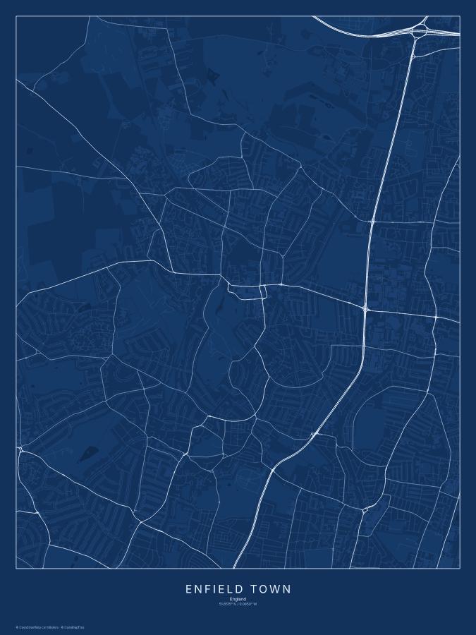 Enfield Town map poster, blueprint style