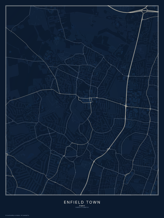 Enfield Town map poster, midnight style