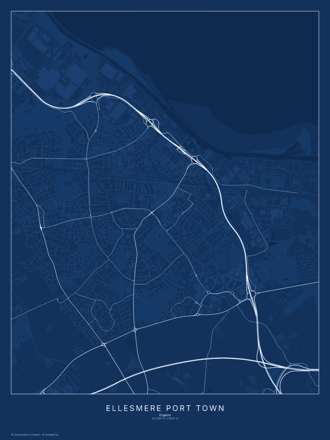 Ellesmere Port Town map poster, blueprint style
