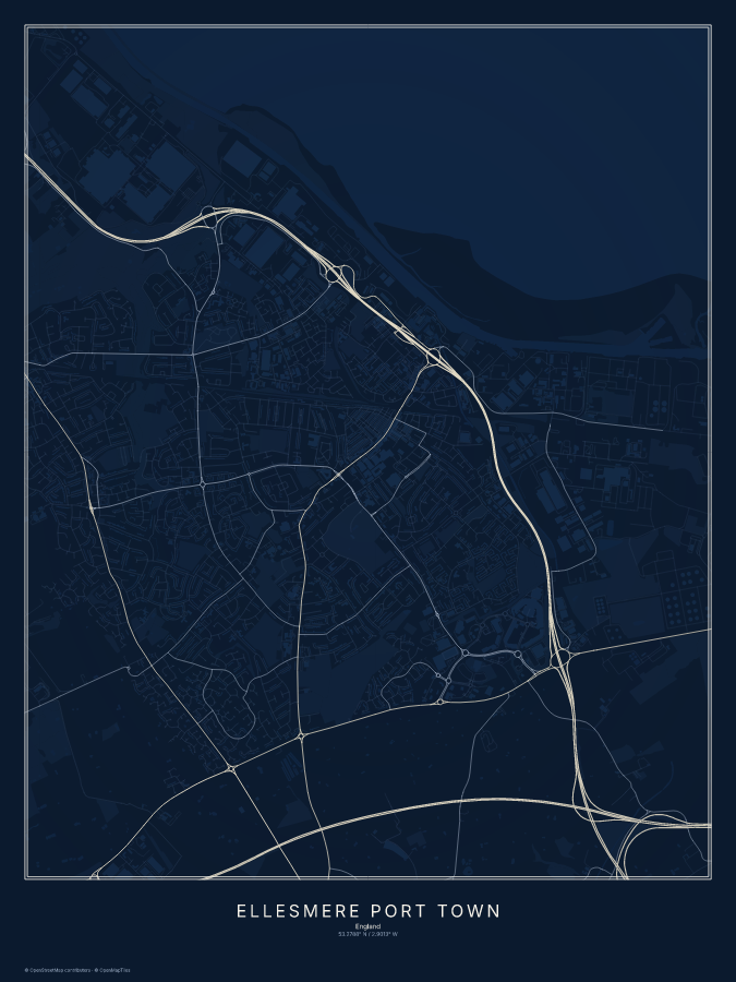 Ellesmere Port Town map poster, midnight style