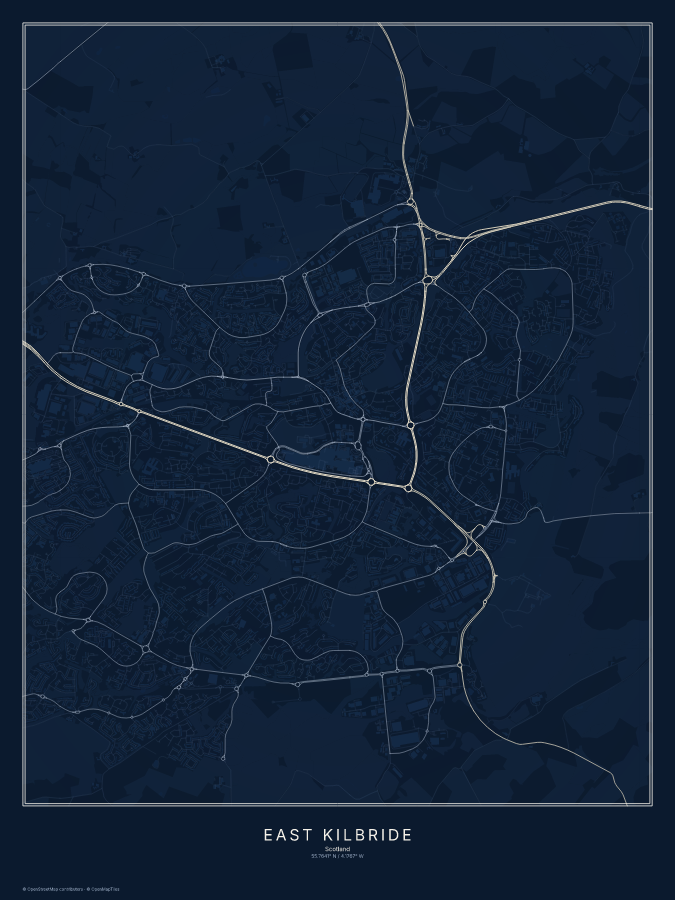 East Kilbride map poster, midnight style