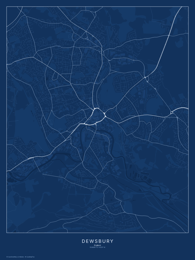 Dewsbury map poster, blueprint style