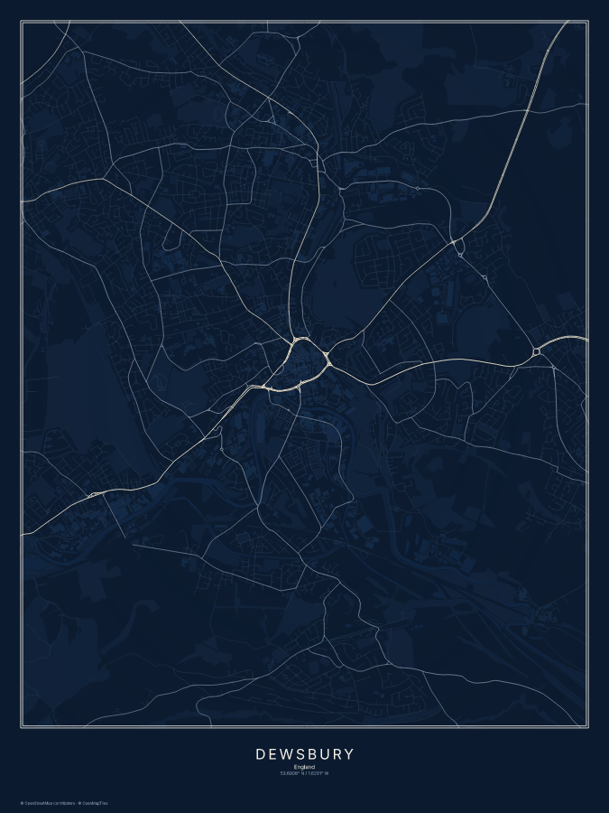 Dewsbury map poster, midnight style