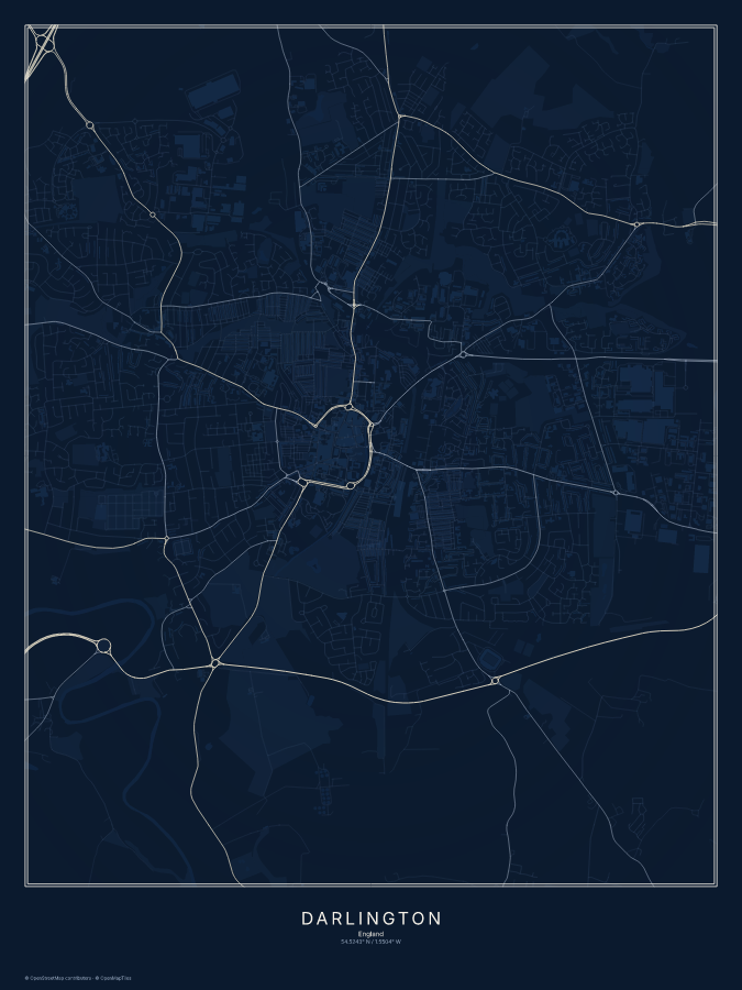 Darlington map poster, midnight style