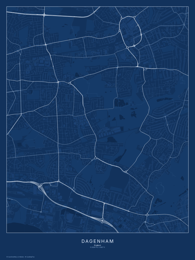 Dagenham map poster, blueprint style