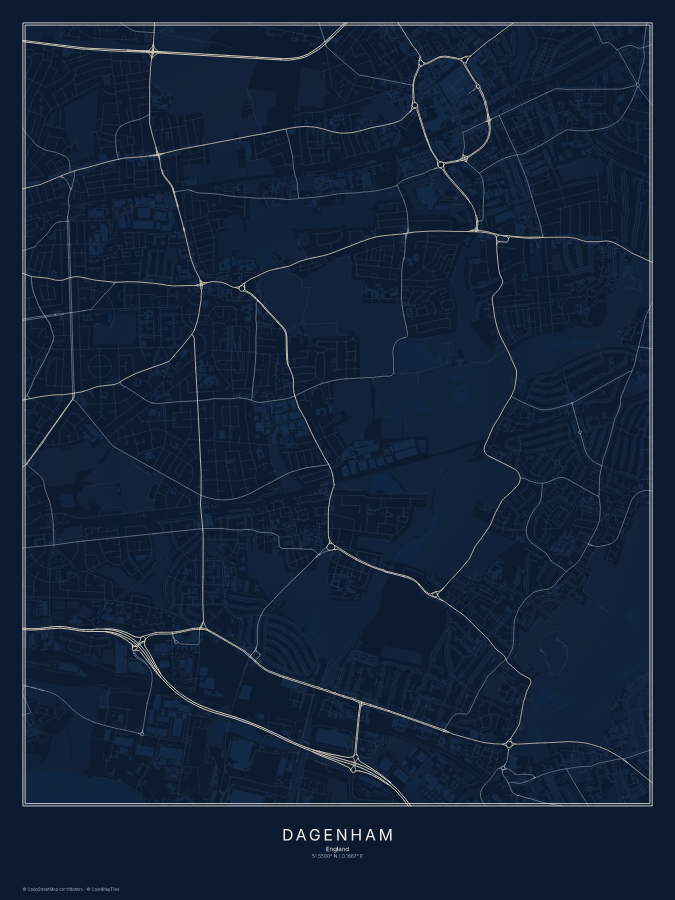 Dagenham map poster, midnight style