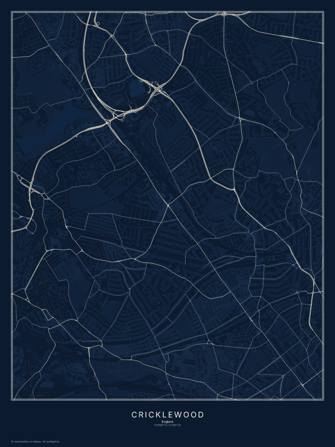 Cricklewood map poster, midnight style