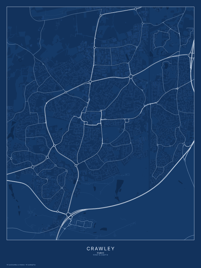 Crawley map poster, blueprint style