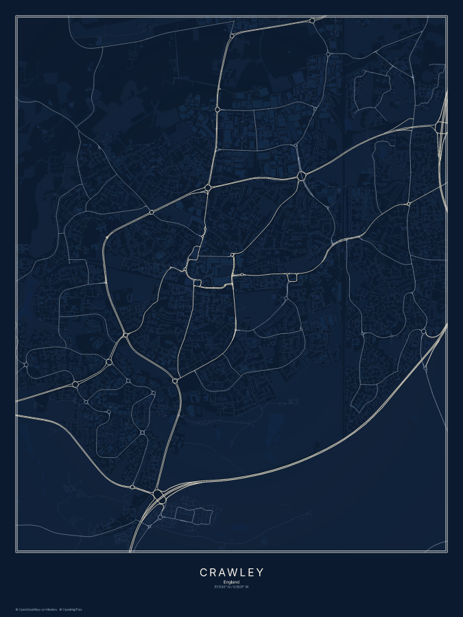 Crawley map poster, midnight style