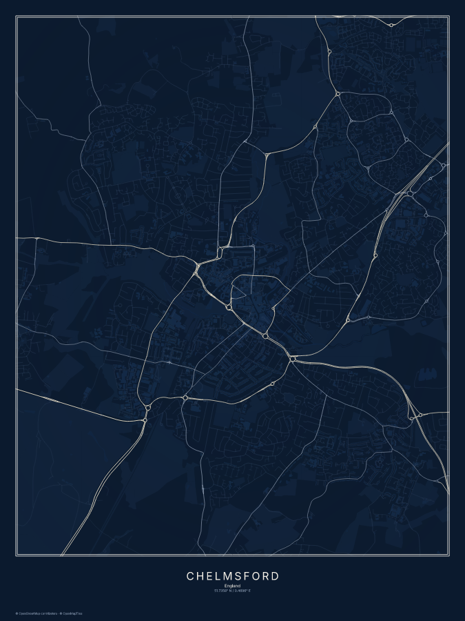 Chelmsford map poster, midnight style
