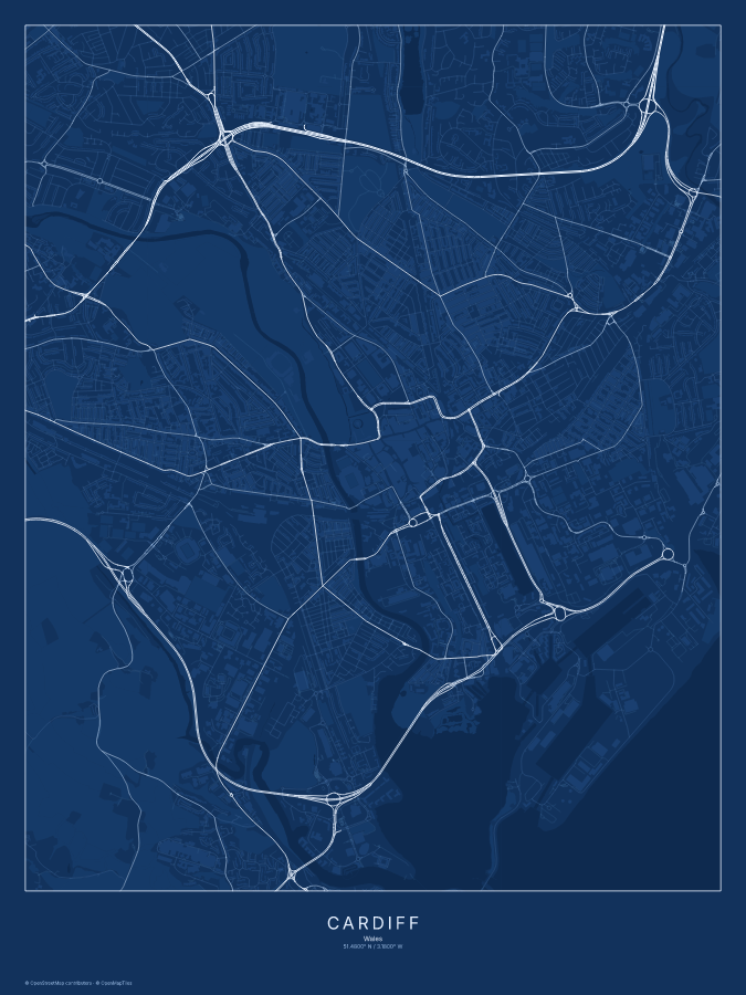 Cardiff map poster, blueprint style