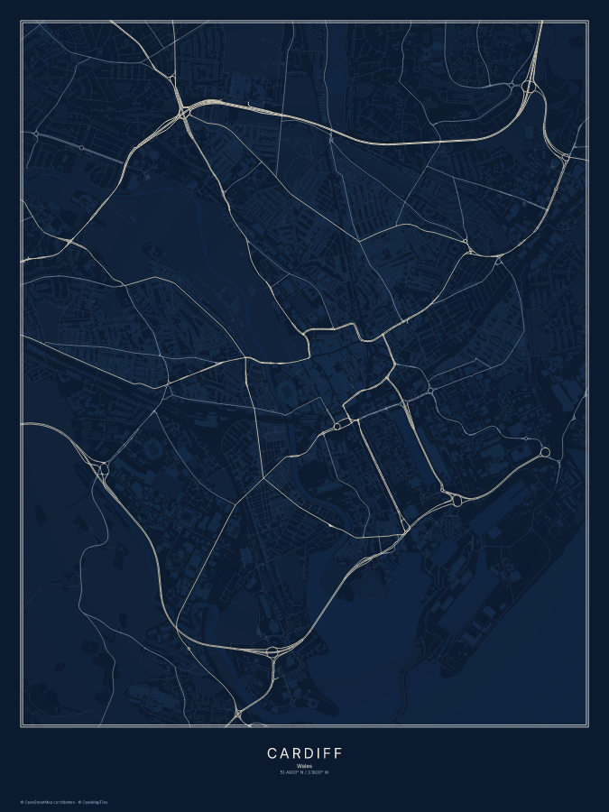 Cardiff map poster, midnight style