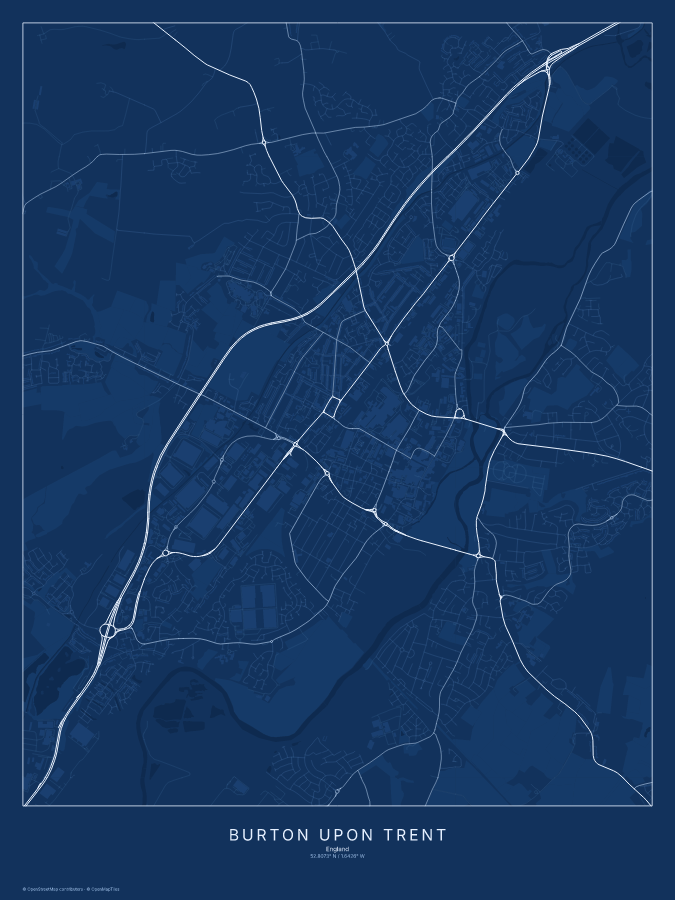 Burton upon Trent map poster, blueprint style