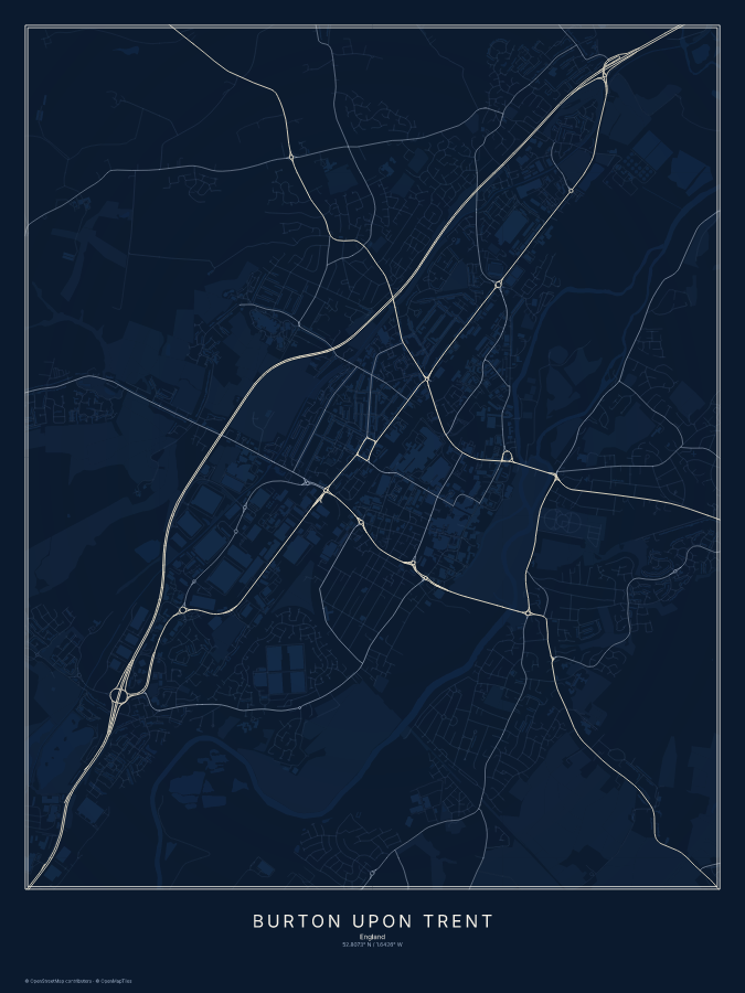 Burton upon Trent map poster, midnight style